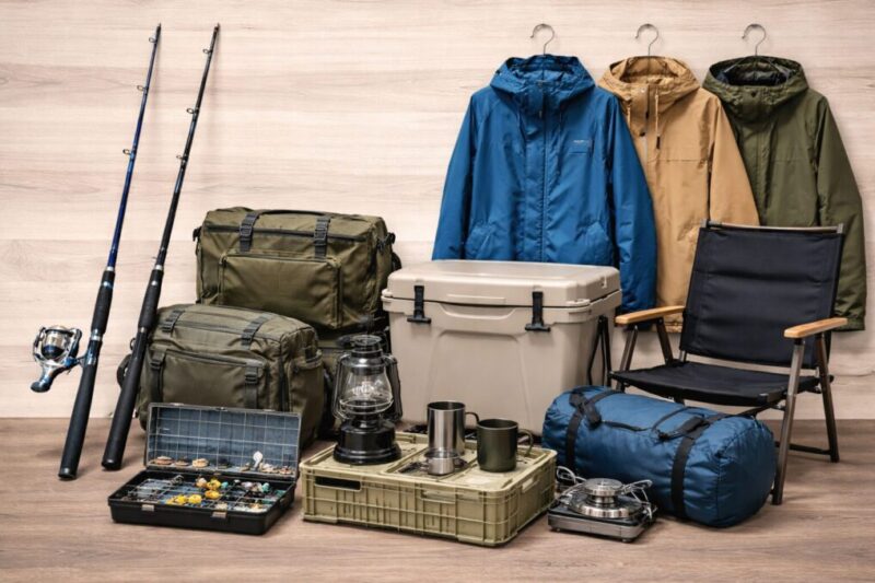 釣具専門店と総合店で売る品目の違いを示すアウトドア用品の並び