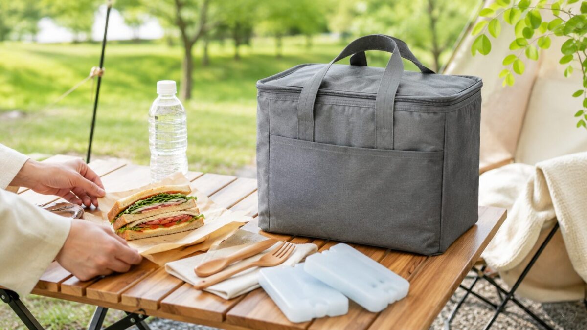 キャンプテーブルに置かれたシンプルな保冷バッグとピクニック用品