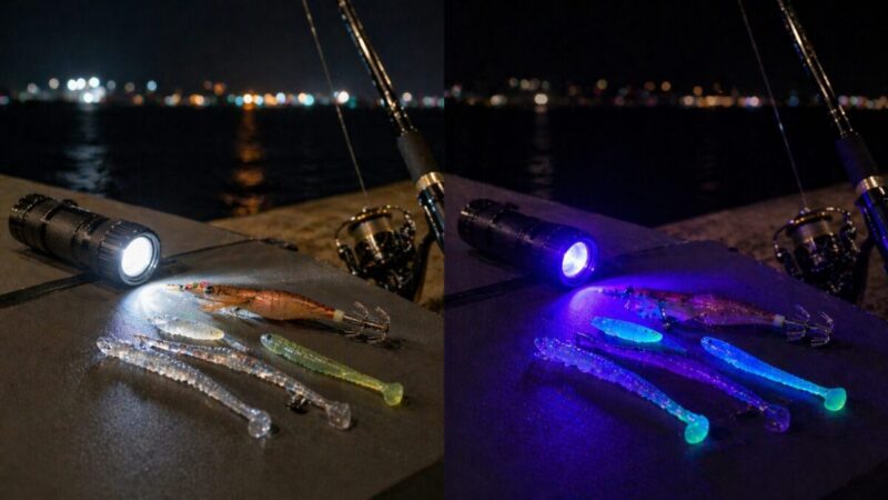 白色LEDライトとUVライトで釣具を照らし、見え方の違いを比較したイメージ