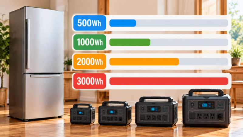 家庭用冷蔵庫と500Wh・1000Wh・2000Wh・3000Whのポータブル電源を容量別に比較した図