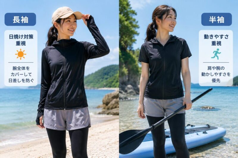 長袖と半袖のラッシュガードを海辺で比較し、日焼け対策と動きやすさを確認する様子
