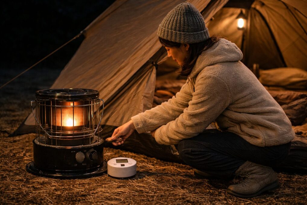 冬キャンプで灯油ストーブを寝る前に消して安全を確保するイメージ