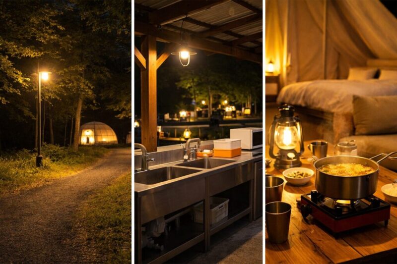 夜間でも外灯が整備されているグランピング施設の移動導線の様子