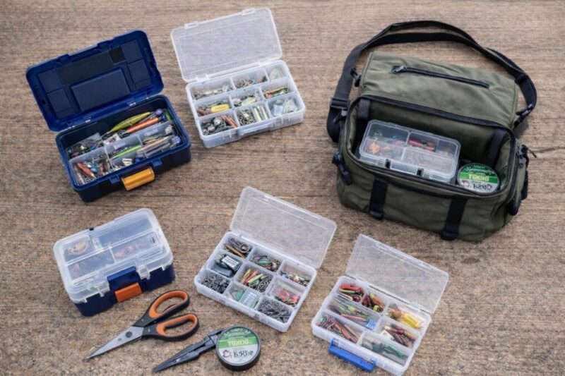 釣り道具を用途別に分けて代用品の収納へ振り分けている様子