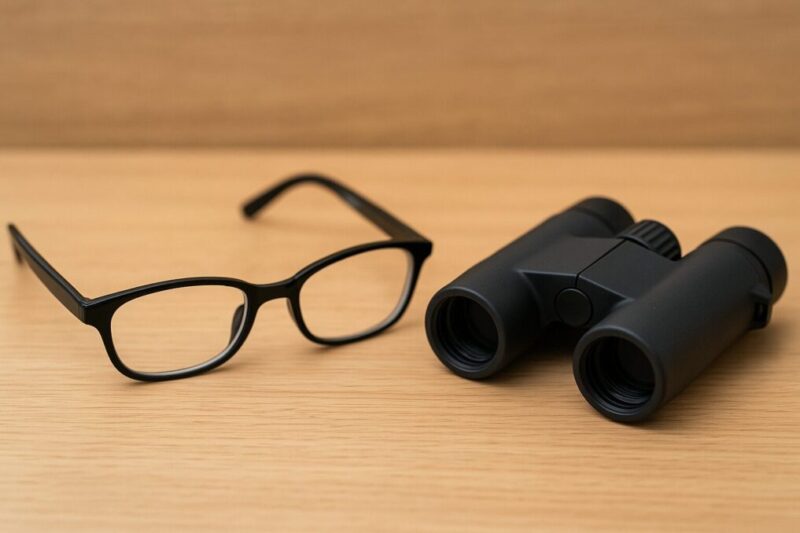 メガネ使用時に双眼鏡を快適に覗くための調整点を示すイメージ。