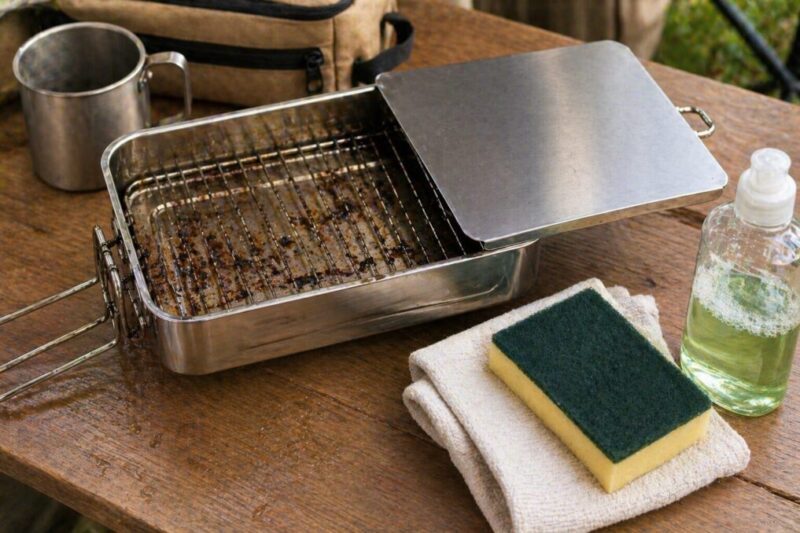 使用後のミニスモーカーを冷ましてから洗う準備をしている様子