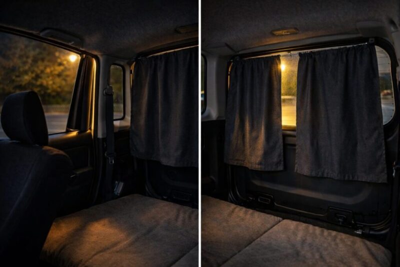 車内カーテンの隙間から街灯の光が入り込むイメージ