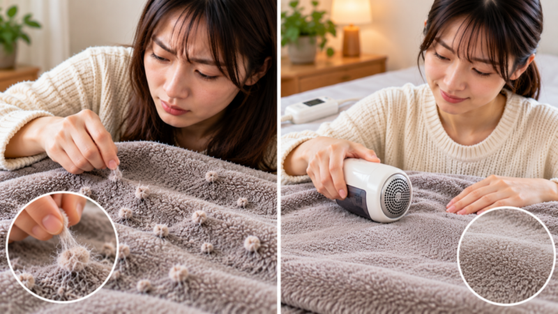 電気毛布の毛玉を手で引っ張る状態と毛玉クリーナーで整える方法の比較