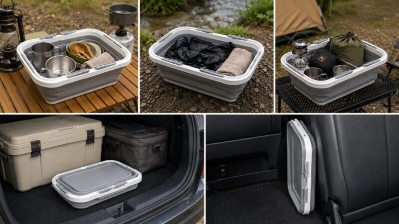 折りたたみバケツをキャンプの食器運搬や濡れ物収納、小物整理、車内の省スペース収納に活用する様子