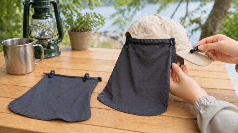 低価格の日よけガードをキャップに取り付けて試す様子