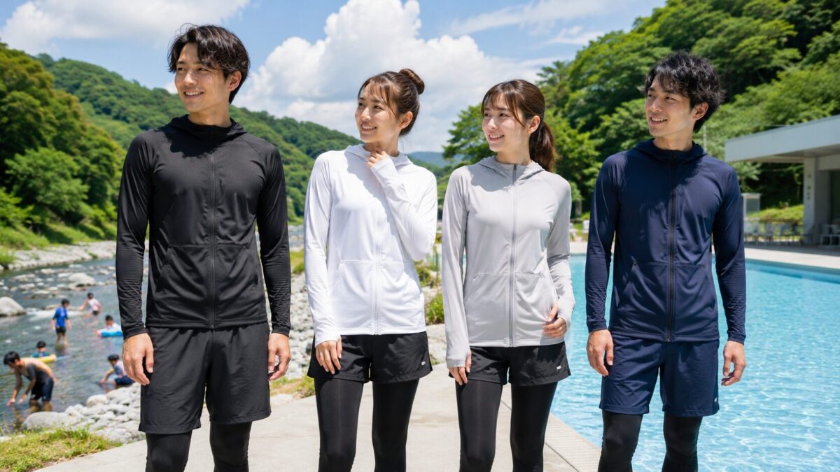 黒と白のラッシュガードをプールサイドで比較し、暑さと日焼け対策の違いを確認するイメージ