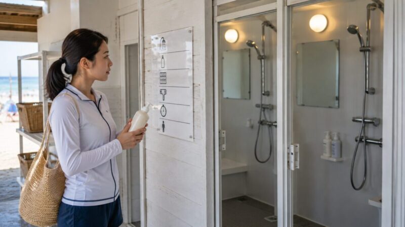 海の家のシャワー室でシャンプーの利用条件を確認する女性