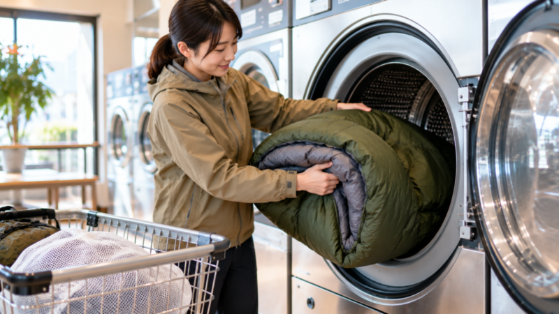 コインランドリーの大型乾燥機で寝袋の乾き具合を確認している様子