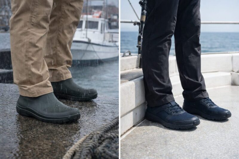 雨の日の長靴と晴れた日の軽量シューズを比較している船釣り装備イメージ
