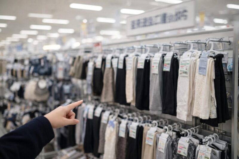 店舗の衣料小物棚でアームカバー売り場を探すイメージ