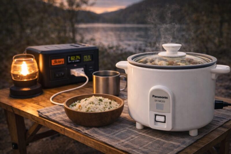 小型炊飯器をアウトドアテーブルに置き、食事や電源まわりとあわせて質感の良さを感じられるイメージ