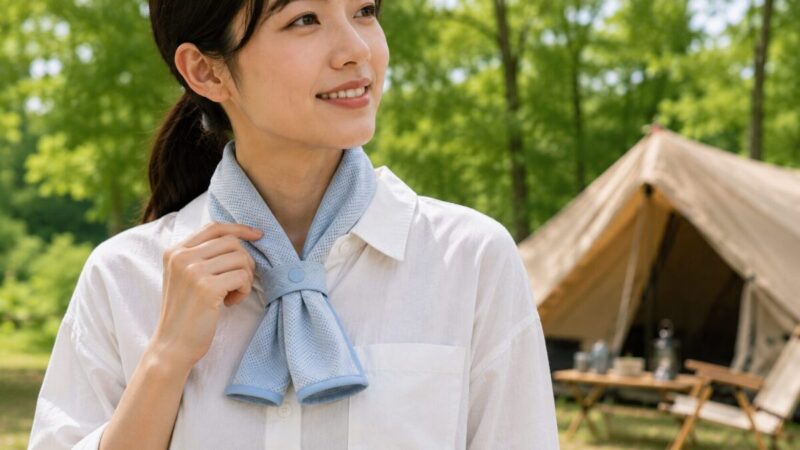 服を濡らしにくい細幅の冷感タオルを首元の留め具で固定する方法