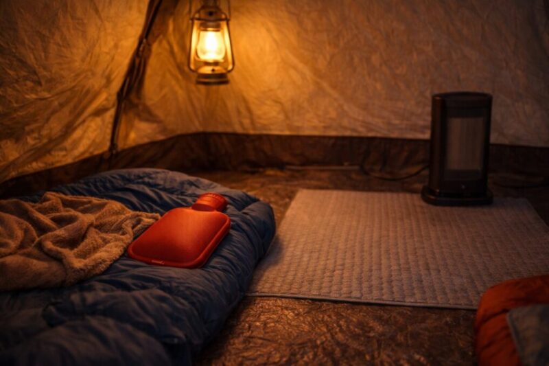 就寝前に寝具を整えて暖かさを確保しているテント内の様子