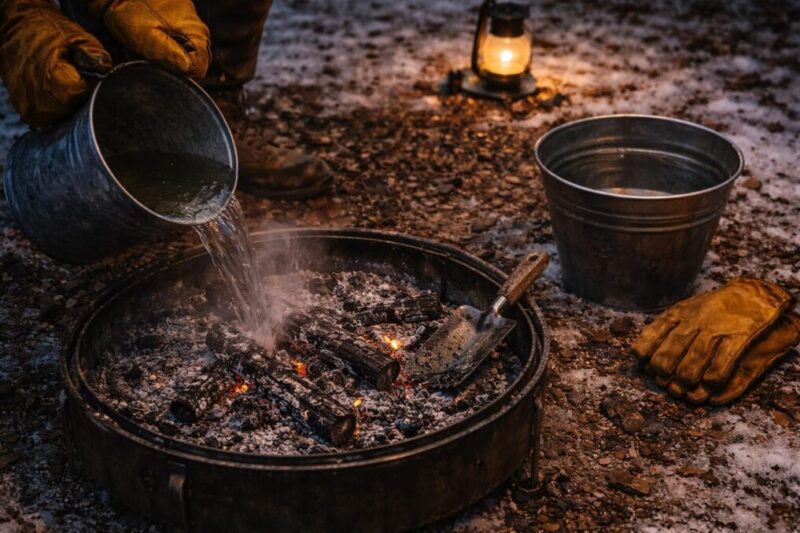 冬キャンプの夜に安全な火の始末と片付けをする様子