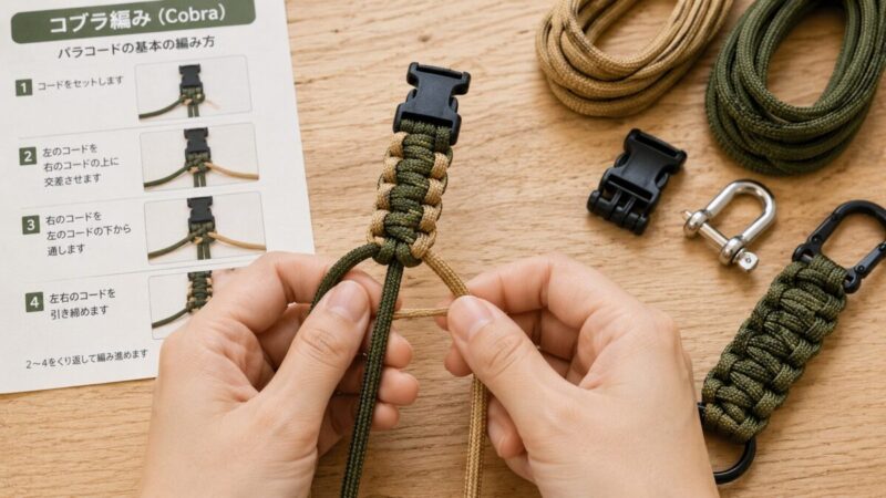 コブラ編みでパラコードストラップを作る手元