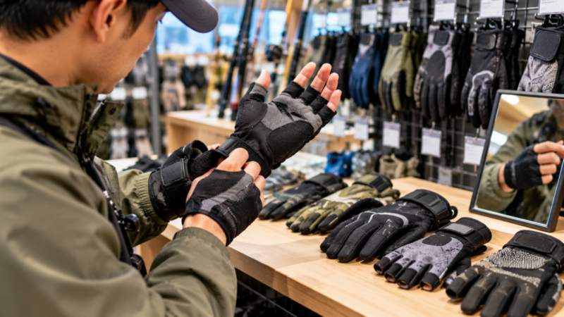 釣り用グローブの売り場で指出し手袋を試着し、指先と手首のフィット感を確認する男性