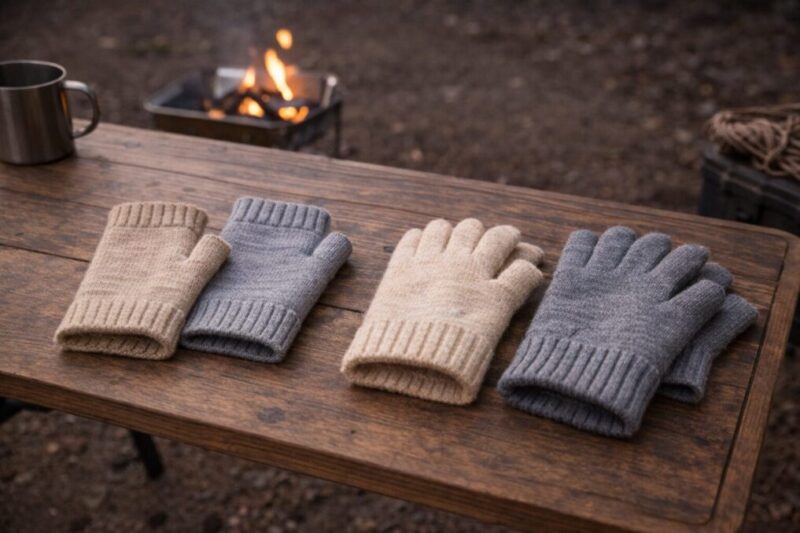 キャンプ作業に合わせて指なしと指あり手袋を使い分ける