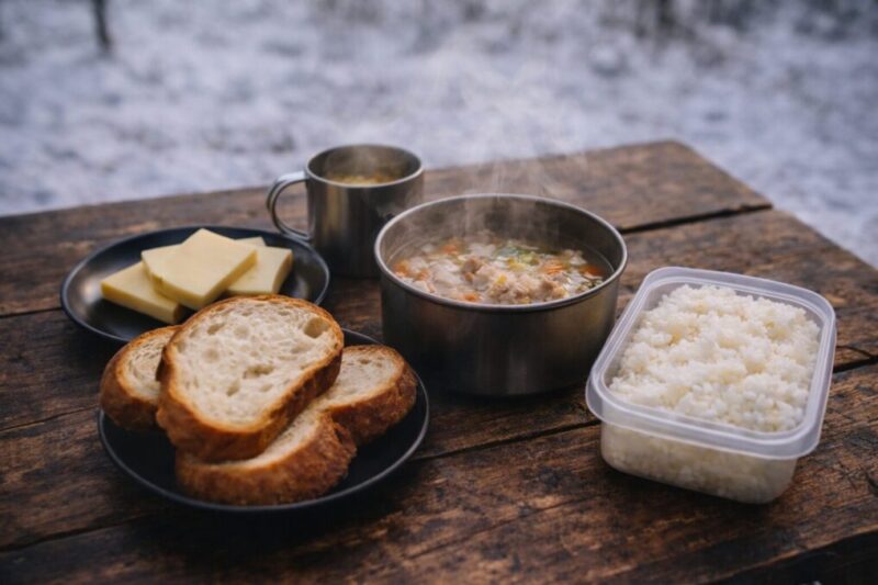 鍋以外でも温まる主食を組み合わせて手早く食べる冬キャンプの食卓