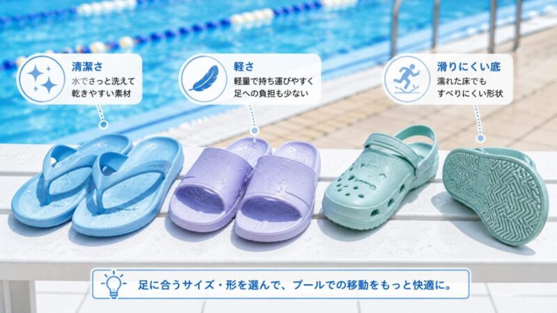 プール用に選びやすい鼻緒型、スライド型、かかと付きサンダルを並べた比較イメージ