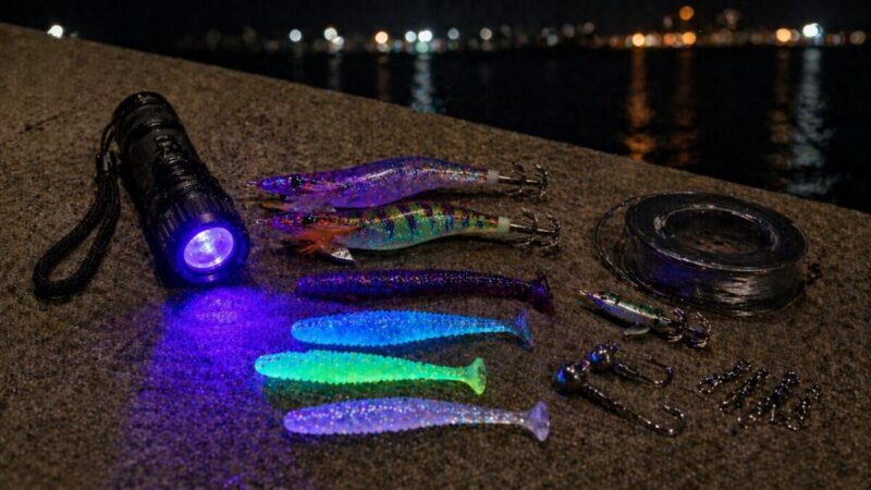 夜の釣り場でUVライトとルアー、小物を並べ、持ち運びやすさと使いやすさを表現したイメージ