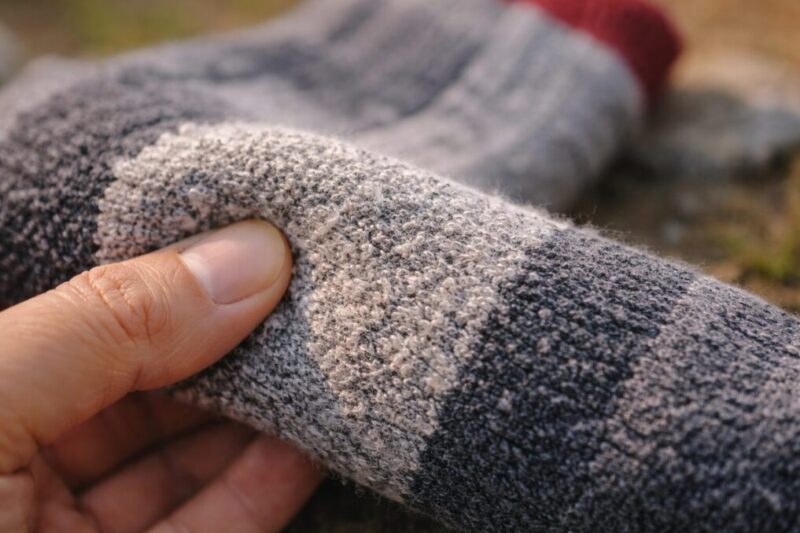 厚手の登山用靴下の足裏を指で押し、クッション性のある編み目を確かめている様子