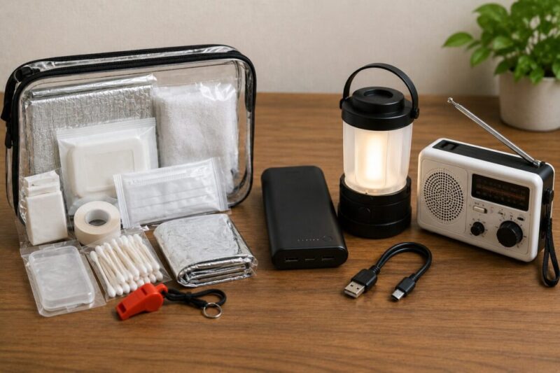 防災小物と電源グッズを分けて並べ、買い足す備えを確認する様子