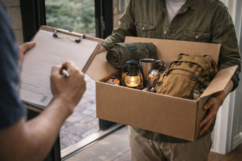 玄関先で受け取った段ボール箱の中に、ランタンや寝具などのアウトドア用品が入っている風景。