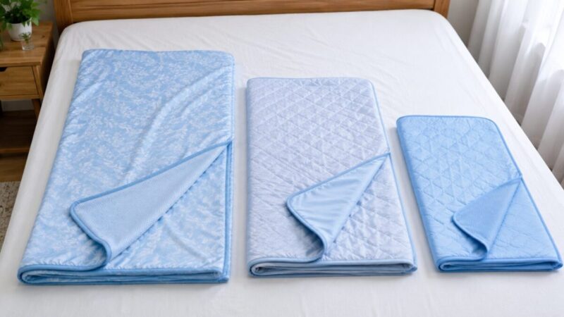 サイズと厚みが異なる冷感ケットや肌掛け寝具を並べて比較した様子