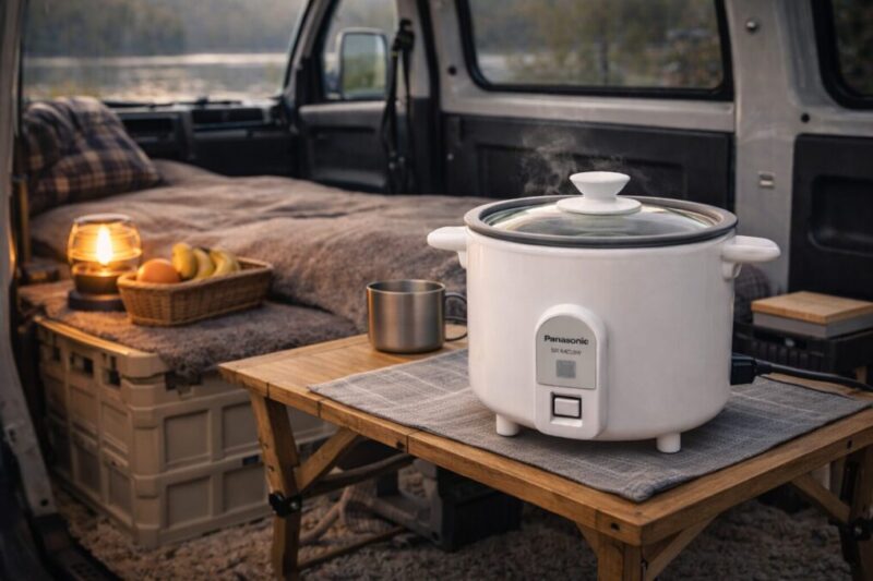 車中泊仕様の軽バン車内で、サイドテーブルに置いた小型炊飯器の大きさと周囲の余白を確認できるイメージ
