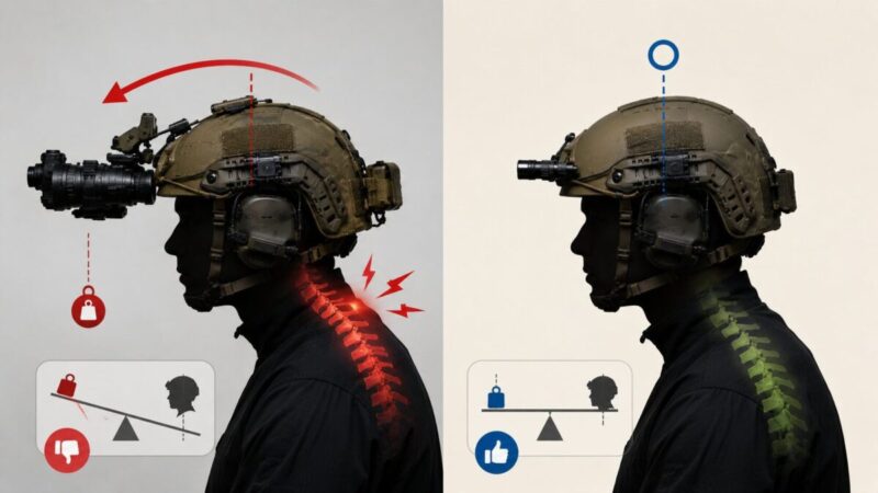 重いパーツを付けたヘルメットと軽量装備のヘルメットを比較し、首への負担の違いを示した画像。