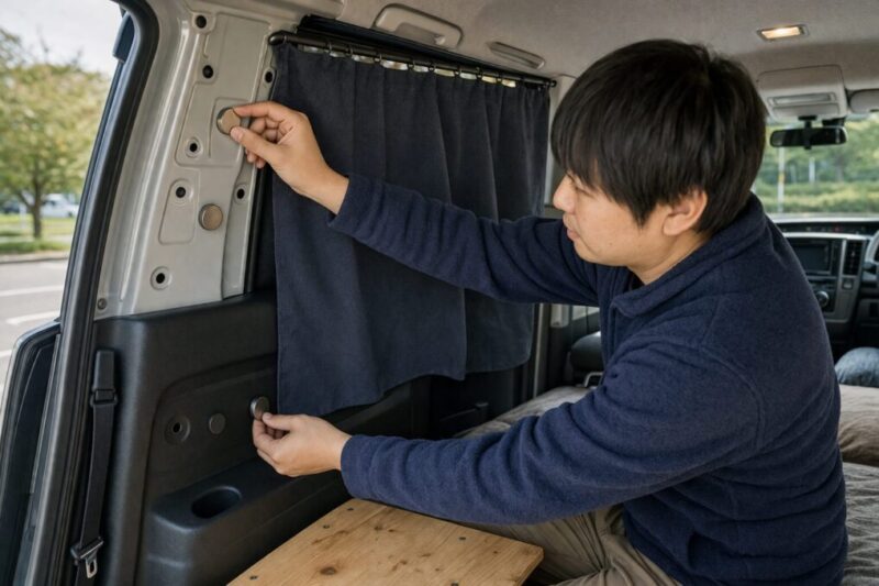 車内でマグネット固定できる場所を確認している様子