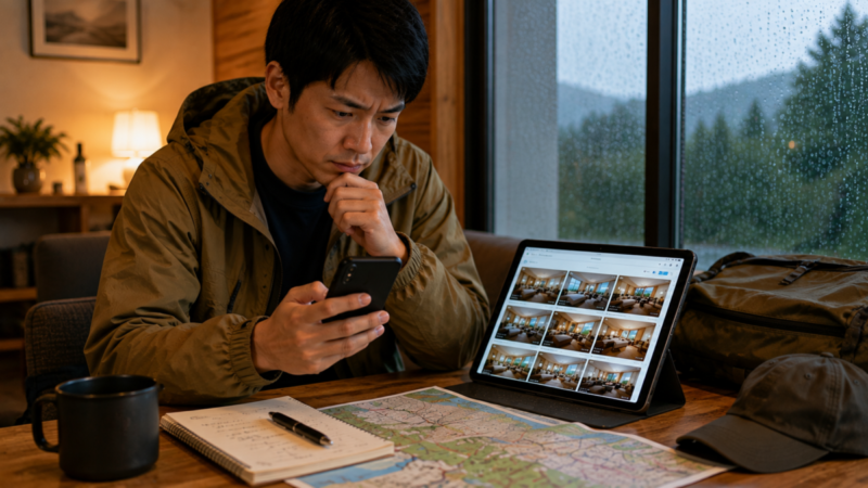 スマホの予約トラブル後に別端末で宿泊先を確認する旅行者