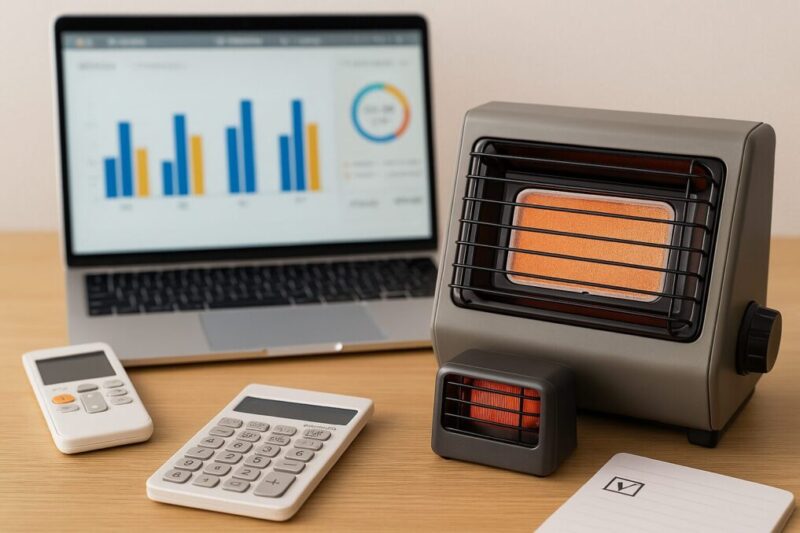 パソコンのグラフと電卓、ストーブとエアコンのリモコンを並べて、暖房の費用を比べる様子を表した写真