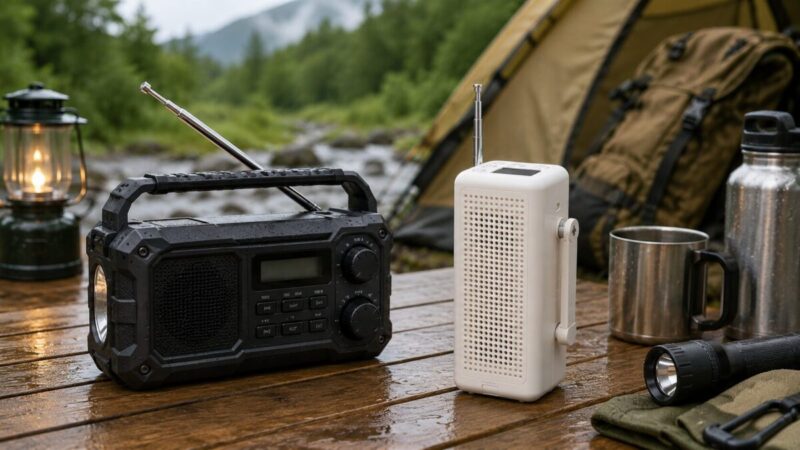 アウトドア向け防災ラジオとシンプルな手回し充電ラジオの比較