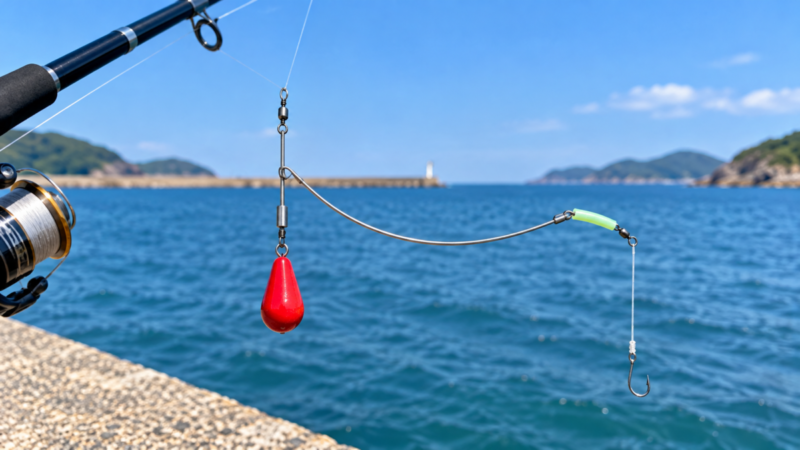 海辺で弓形の釣り天秤に赤いオモリとハリス、釣り針を取り付けたちょい投げ仕掛け