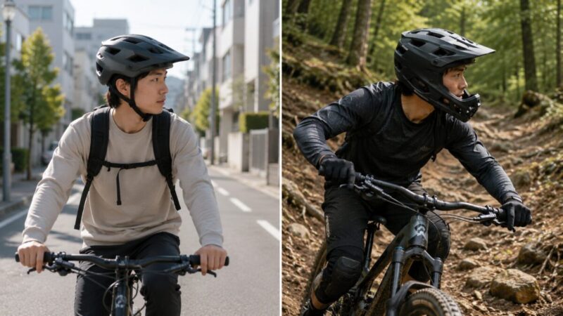 平坦な街乗りと未舗装の下り道でヘルメットを使い分ける自転車利用者