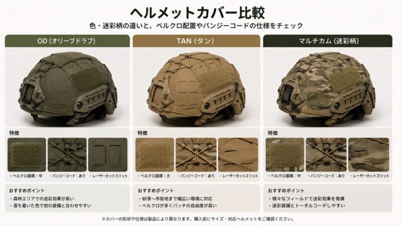 サバゲーヘルメットカバーの色や迷彩柄を比較した画像。