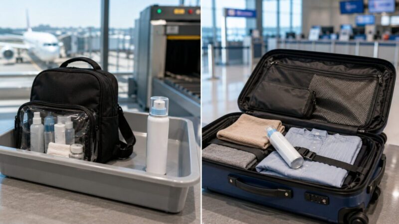 冷却スプレーの機内持ち込みと預け荷物への収納方法を左右で比較した空港の風景