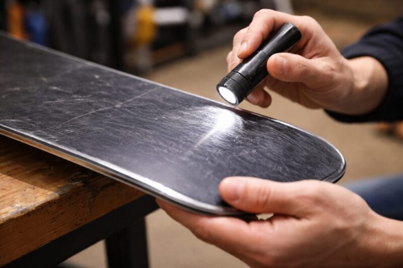 中古スノーボードの滑走面とエッジの状態を確認しているイメージ