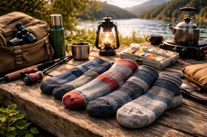 湖畔のキャンプテーブルに靴下とアウトドア道具を並べた写真