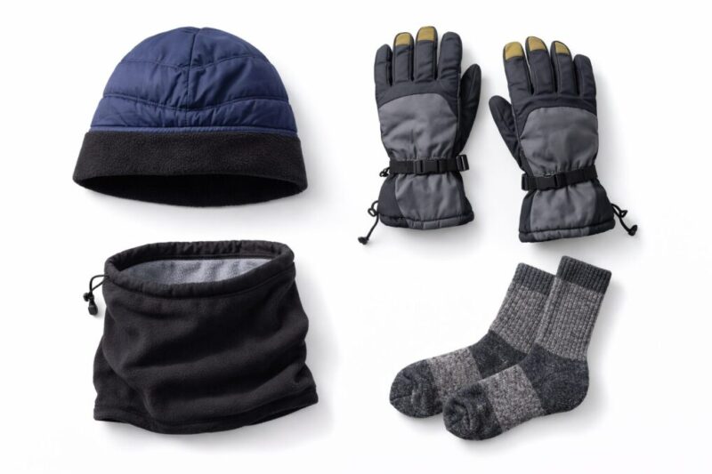 冬の外遊びで活躍する防寒小物を並べた写真