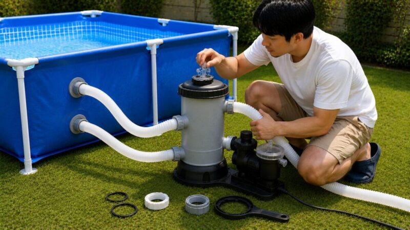 家庭用プールの循環ポンプから空気を抜きホース接続部を点検する様子