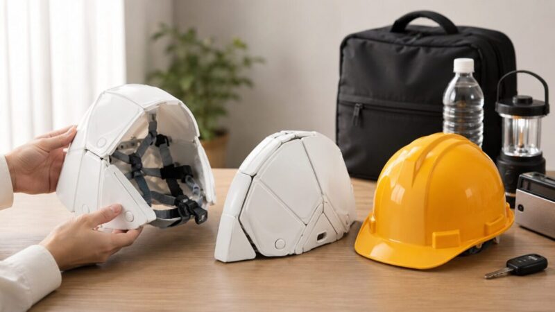 折りたたみ防災ヘルメットの外装や内装、調整パーツを比較できるように並べたイメージ