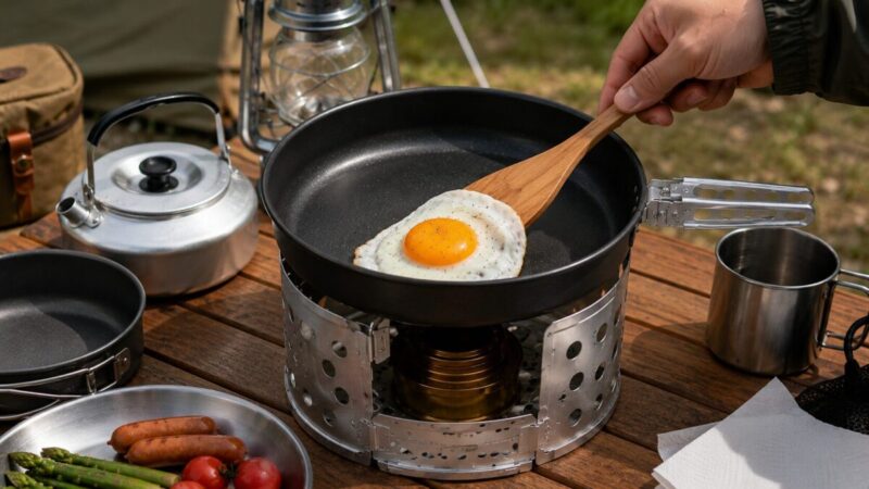 ノンスティック加工のフライパンで目玉焼きを焼いているキャンプ調理の様子
