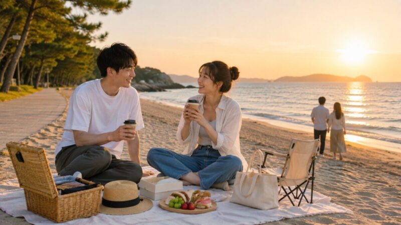 夕日の海辺でピクニックと散歩を楽しむカップル